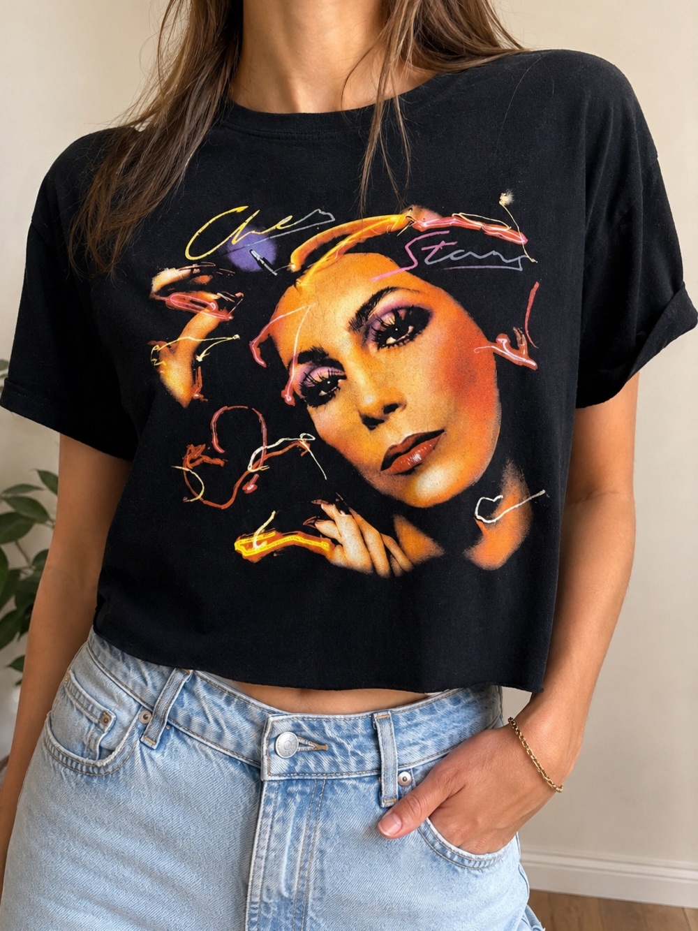 Cher Star Graphic Cropped T-Shirt Black 100% Cotton Size M